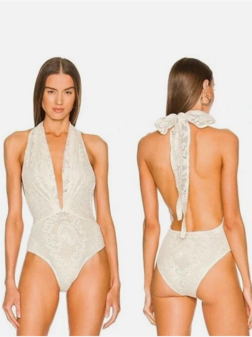 Anthropologie Cream Crochet Deep V Bodysuit